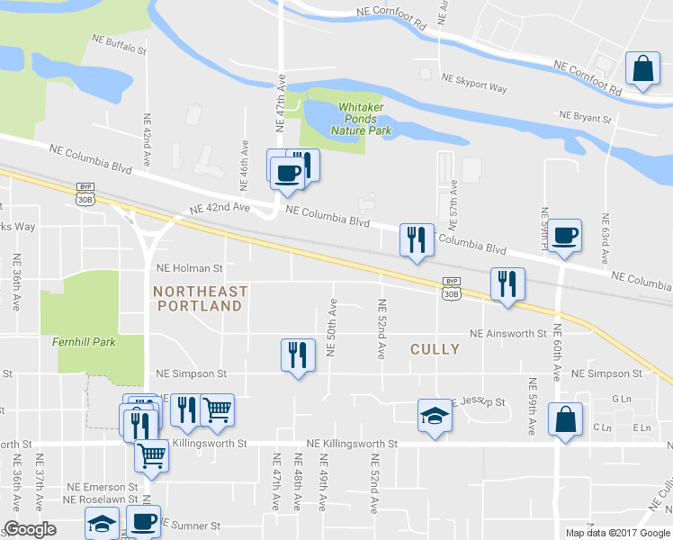 map of restaurants, bars, coffee shops, grocery stores, and more near 5006 Northeast Portland Highway in Portland