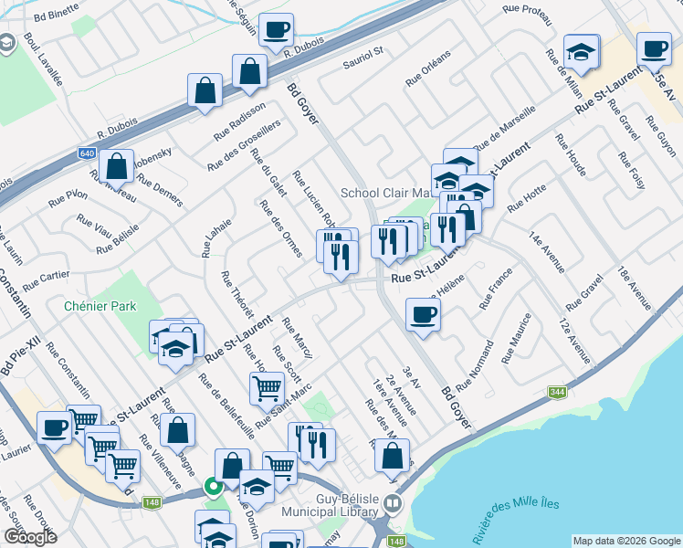 map of restaurants, bars, coffee shops, grocery stores, and more near 101 Rue Saint-Laurent in Saint-Eustache