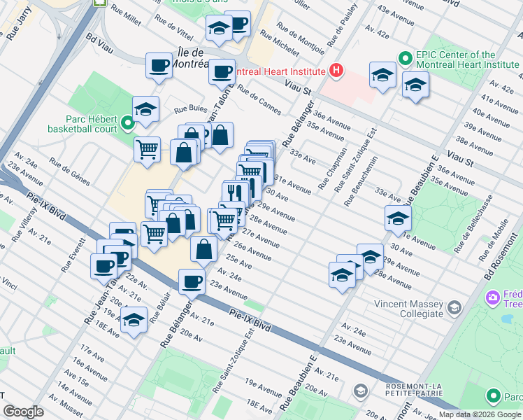 map of restaurants, bars, coffee shops, grocery stores, and more near 6902 29e Avenue in Montréal