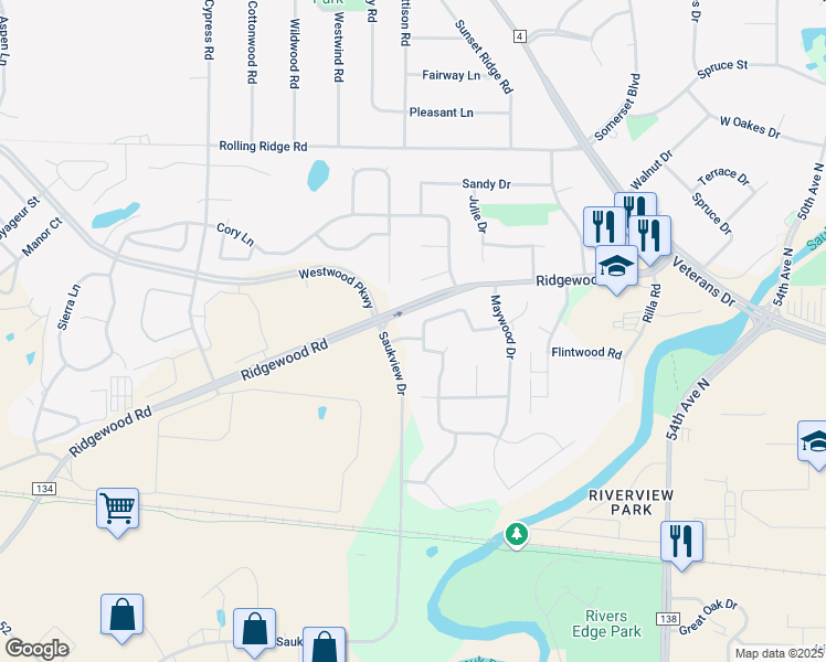 map of restaurants, bars, coffee shops, grocery stores, and more near 43 Fairfield Lane in St. Cloud