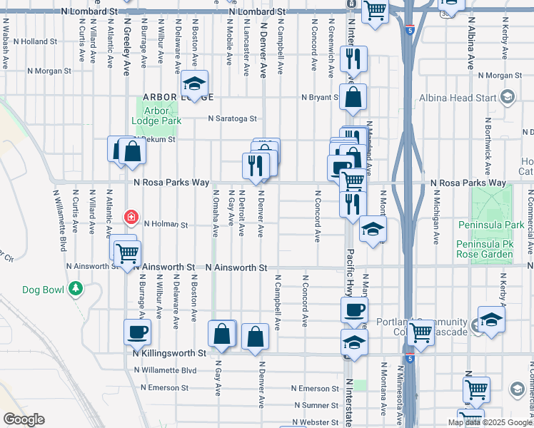 map of restaurants, bars, coffee shops, grocery stores, and more near 6315 North Campbell Avenue in Portland