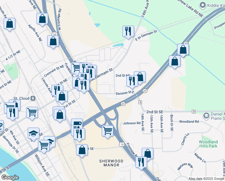 map of restaurants, bars, coffee shops, grocery stores, and more near 1225 Division Street East in St. Cloud
