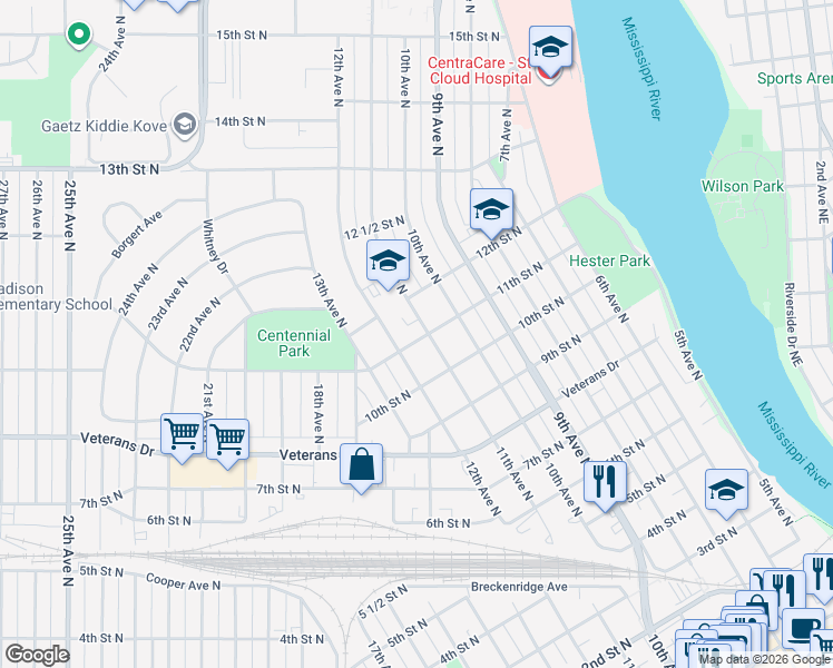 map of restaurants, bars, coffee shops, grocery stores, and more near 1125 11th Street North in St. Cloud