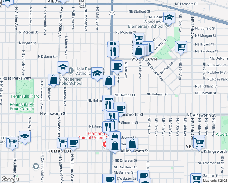 map of restaurants, bars, coffee shops, grocery stores, and more near 6360 Oregon 99E in Portland