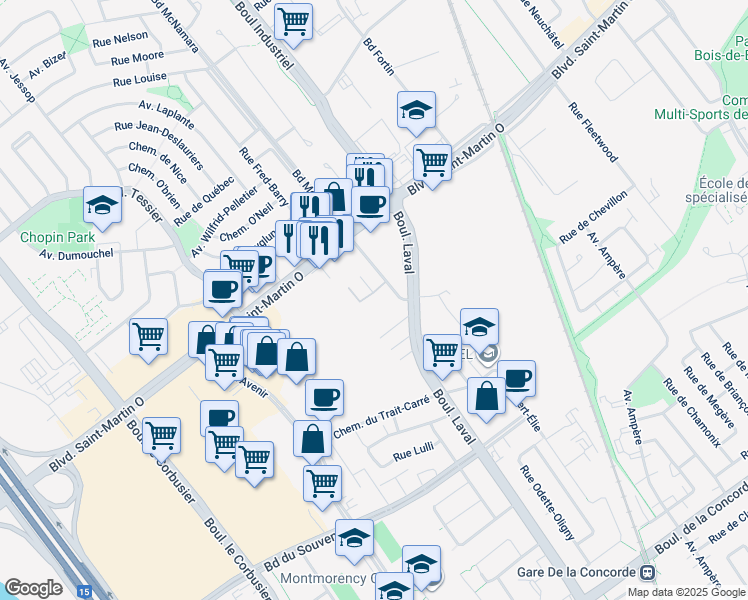 map of restaurants, bars, coffee shops, grocery stores, and more near 1630 Rue Mcnamara in Laval