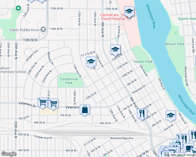 map of restaurants, bars, coffee shops, grocery stores, and more near 1125 11th Street North in St. Cloud