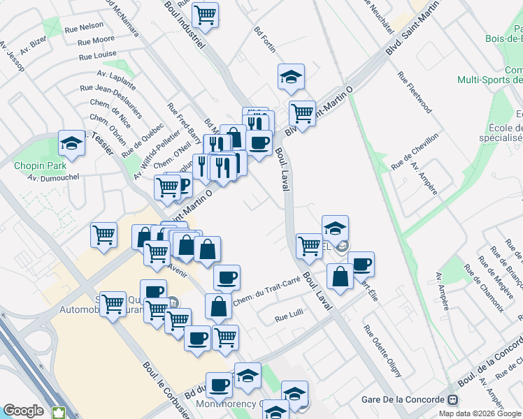 map of restaurants, bars, coffee shops, grocery stores, and more near 1630 Rue Mcnamara in Laval