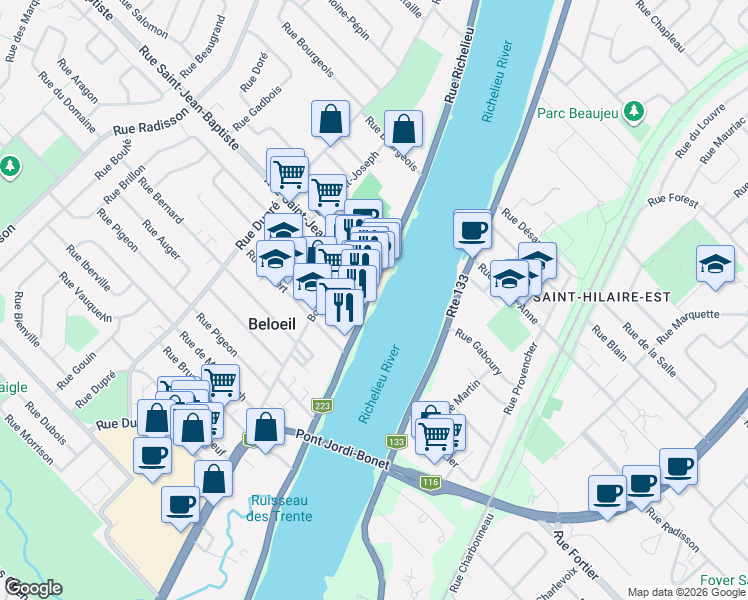 map of restaurants, bars, coffee shops, grocery stores, and more near 943 Rue Richelieu in Beloeil
