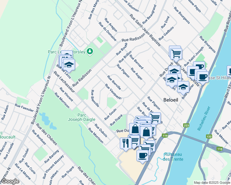 map of restaurants, bars, coffee shops, grocery stores, and more near 515 Rue Vauquelin in Beloeil