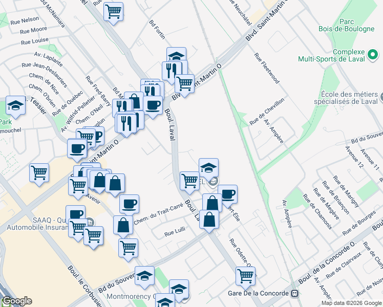 map of restaurants, bars, coffee shops, grocery stores, and more near 805 Rue Chabrier in Laval