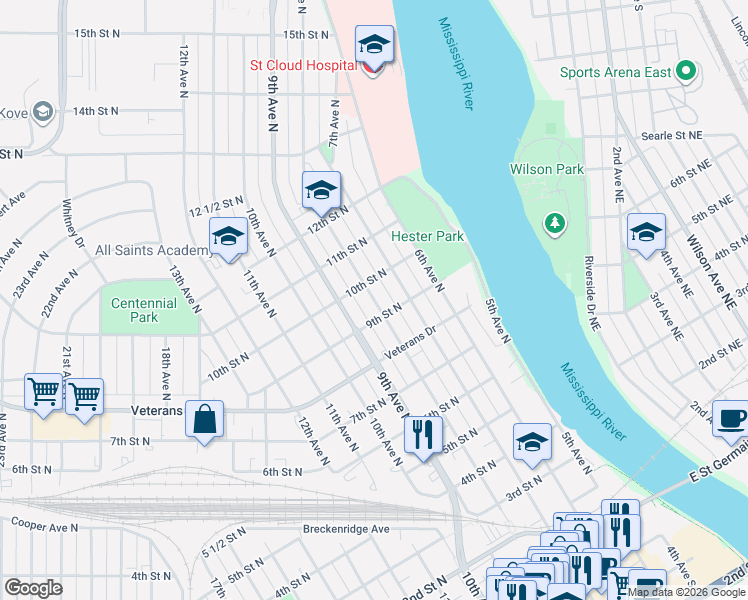 map of restaurants, bars, coffee shops, grocery stores, and more near 920 8th Avenue North in Saint Cloud