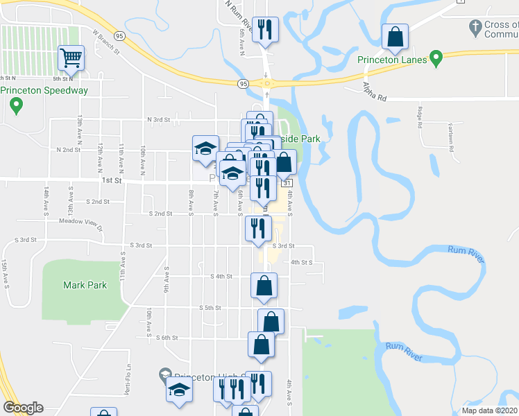 map of restaurants, bars, coffee shops, grocery stores, and more near 502 South 2nd Street in Princeton