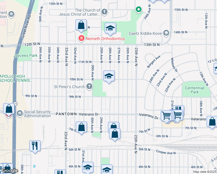 map of restaurants, bars, coffee shops, grocery stores, and more near 2805 9th Street North in Saint Cloud