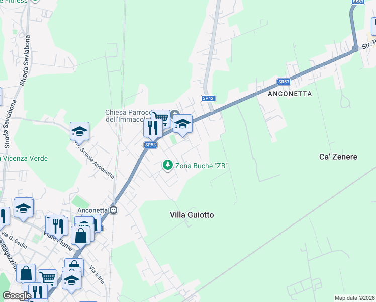 map of restaurants, bars, coffee shops, grocery stores, and more near 20 Via Aurelio dall'Acqua in Vicenza