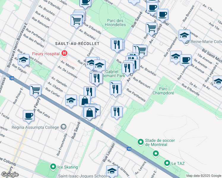 map of restaurants, bars, coffee shops, grocery stores, and more near 9629 Avenue Merritt in Montréal