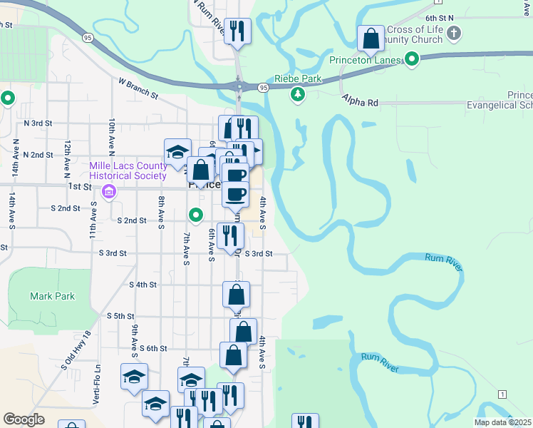 map of restaurants, bars, coffee shops, grocery stores, and more near 106 4th Avenue South in Princeton