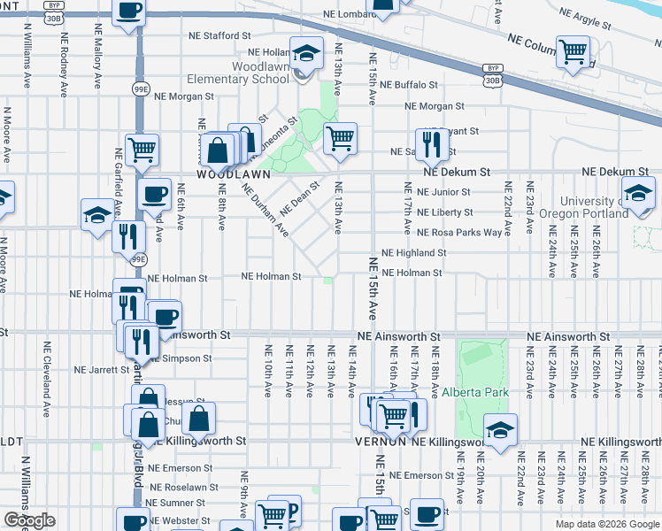 map of restaurants, bars, coffee shops, grocery stores, and more near 6305 Northeast 13th Avenue in Portland