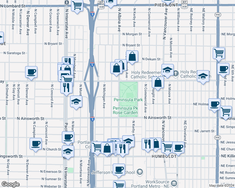 map of restaurants, bars, coffee shops, grocery stores, and more near 808 North Holman Street in Portland
