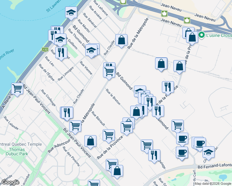 map of restaurants, bars, coffee shops, grocery stores, and more near 505 Rue le Breton in Longueuil