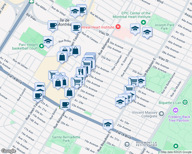 map of restaurants, bars, coffee shops, grocery stores, and more near 6835 29e Avenue in Montréal