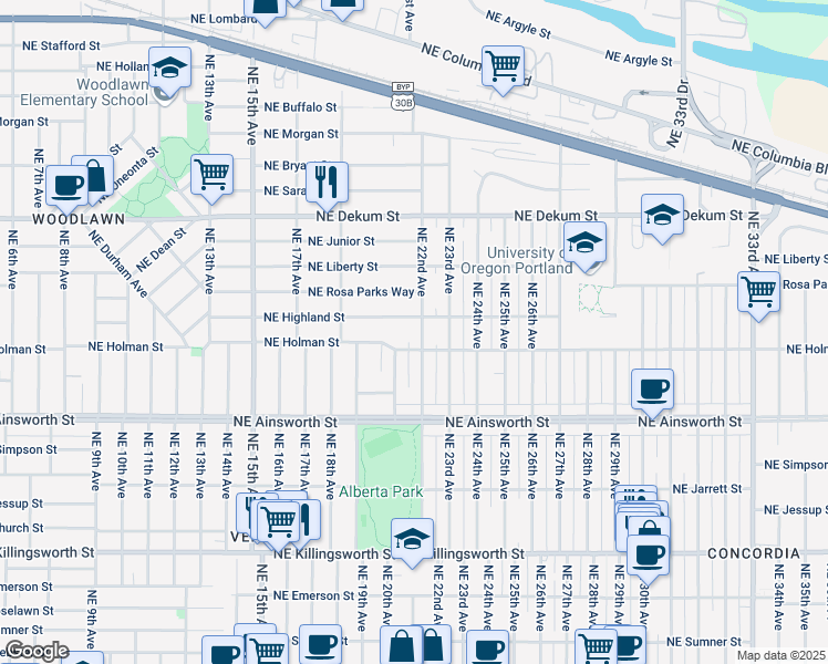 map of restaurants, bars, coffee shops, grocery stores, and more near 2055 Northeast Holman Street in Portland