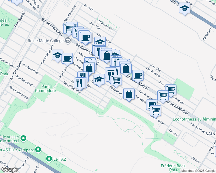 map of restaurants, bars, coffee shops, grocery stores, and more near 8930 8e Avenue in Montréal