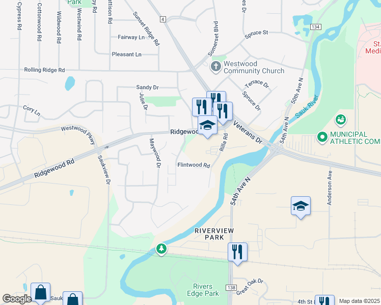 map of restaurants, bars, coffee shops, grocery stores, and more near 720 Driftwood Drive in St. Cloud