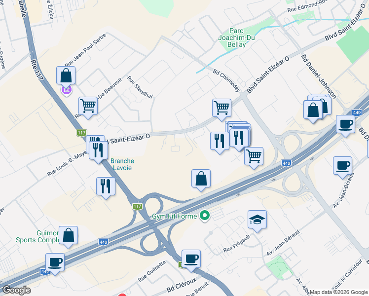 map of restaurants, bars, coffee shops, grocery stores, and more near 3710 Boulevard Saint-Elzéar Ouest in Laval