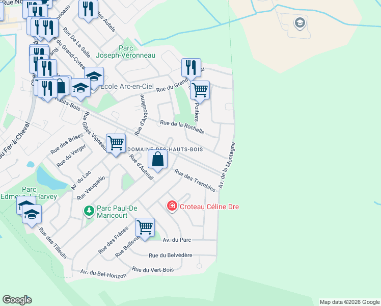 map of restaurants, bars, coffee shops, grocery stores, and more near 20 Boulevard des Hauts-Bois in Sainte-Julie