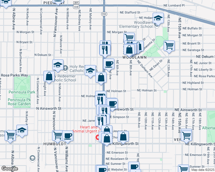 map of restaurants, bars, coffee shops, grocery stores, and more near 6360 Northeast Martin Luther King Junior Boulevard in Portland