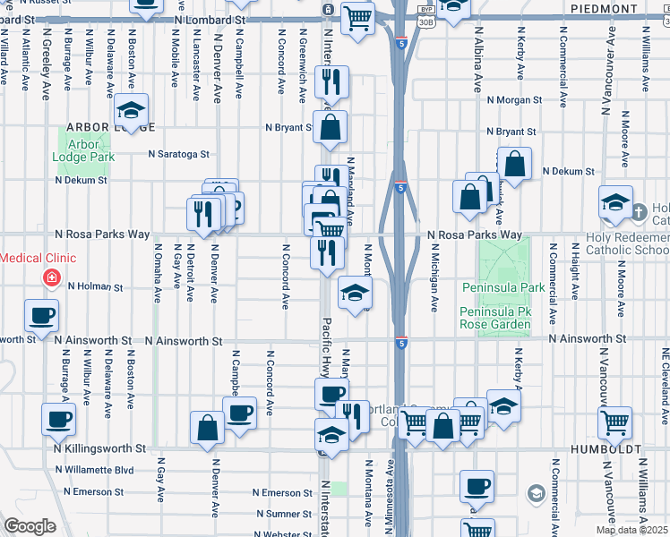map of restaurants, bars, coffee shops, grocery stores, and more near 6400 North Interstate Avenue in Portland