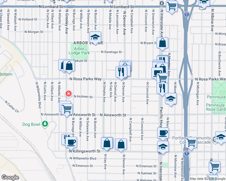 map of restaurants, bars, coffee shops, grocery stores, and more near 6335 North Detroit Avenue in Portland