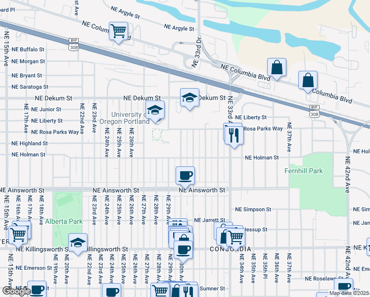map of restaurants, bars, coffee shops, grocery stores, and more near 6309 Northeast 31st Avenue in Portland