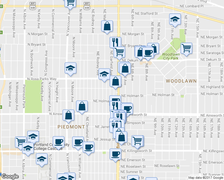 map of restaurants, bars, coffee shops, grocery stores, and more near 6356 Northeast Garfield Avenue in Portland