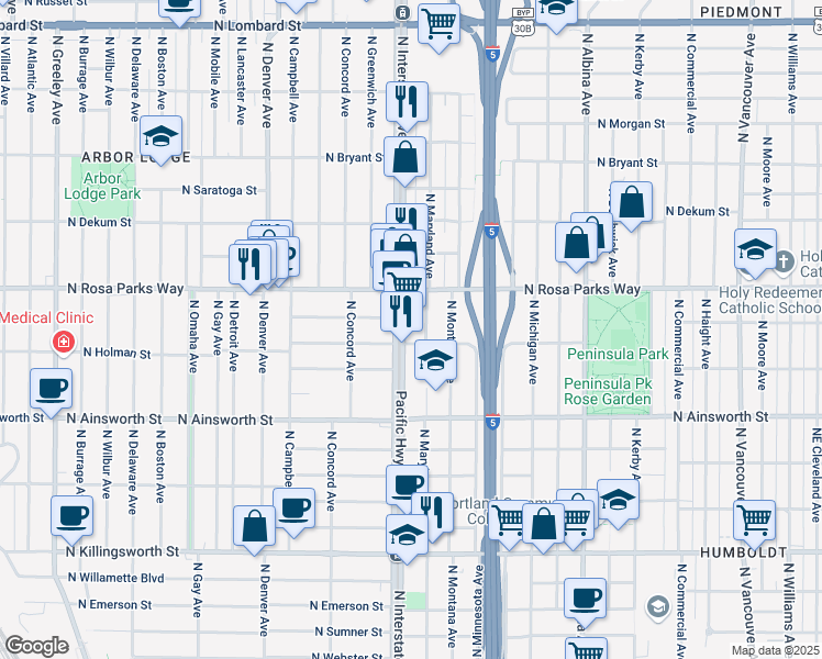 map of restaurants, bars, coffee shops, grocery stores, and more near 6228 North Interstate Avenue in Portland