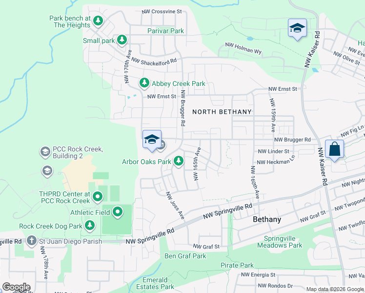 map of restaurants, bars, coffee shops, grocery stores, and more near 16620 Northwest Rossetta Street in Portland