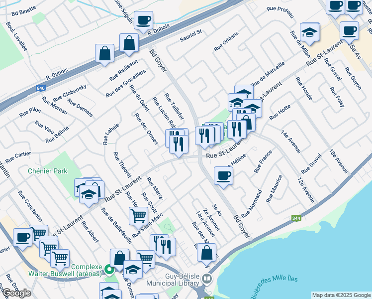 map of restaurants, bars, coffee shops, grocery stores, and more near 107 Rue St-Laurent in Saint-Eustache
