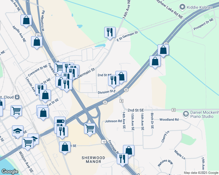 map of restaurants, bars, coffee shops, grocery stores, and more near 3 14th Avenue Northeast in St. Cloud
