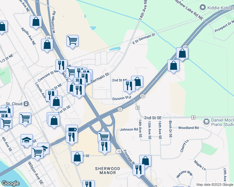 map of restaurants, bars, coffee shops, grocery stores, and more near 1225 Division Street East in St. Cloud