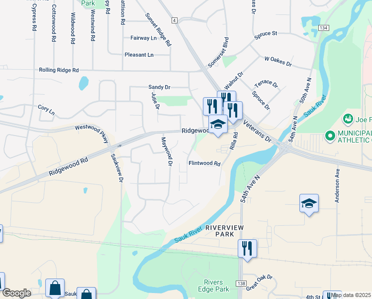 map of restaurants, bars, coffee shops, grocery stores, and more near 843 Driftwood Drive in St. Cloud