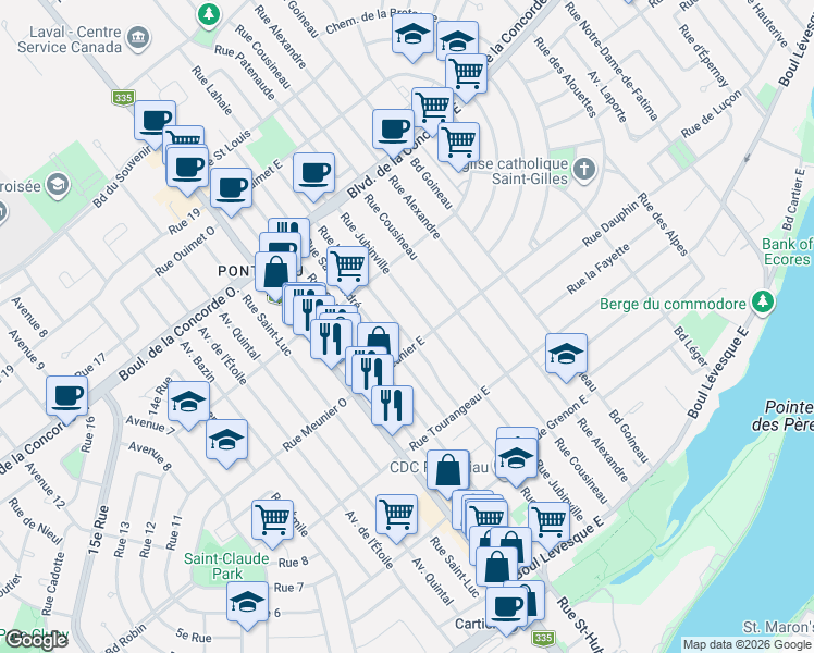 map of restaurants, bars, coffee shops, grocery stores, and more near 363 A Rue Lahaie in Laval