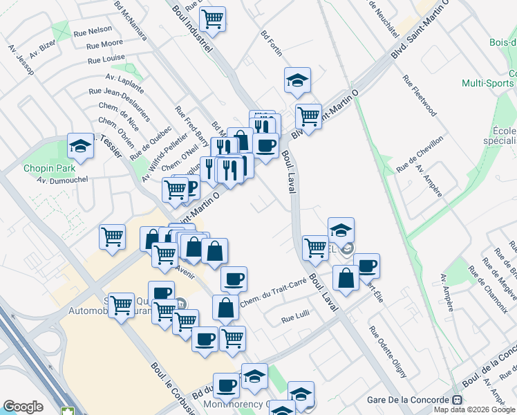 map of restaurants, bars, coffee shops, grocery stores, and more near 1668 Rue Mcnamara in Laval