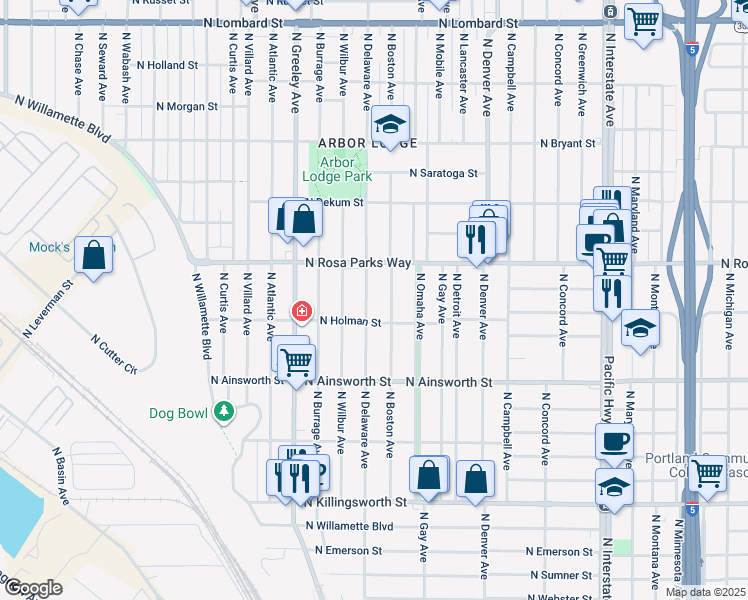 map of restaurants, bars, coffee shops, grocery stores, and more near 6326 North Delaware Avenue in Portland
