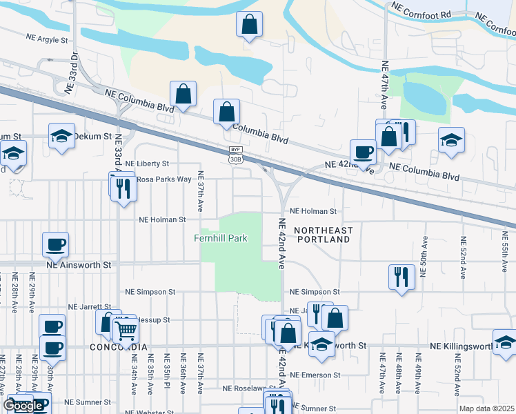 map of restaurants, bars, coffee shops, grocery stores, and more near 6309 Northeast 41st Avenue in Portland