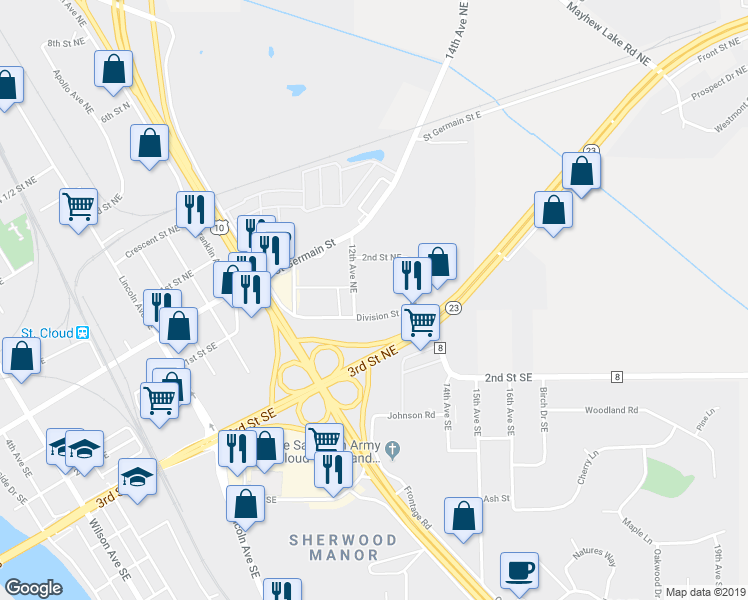 map of restaurants, bars, coffee shops, grocery stores, and more near 1225 Division Street East in St. Cloud