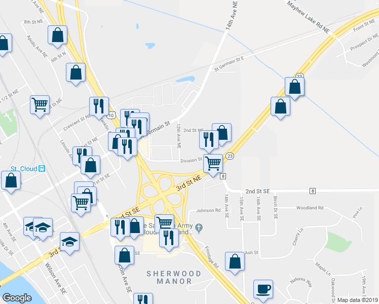 map of restaurants, bars, coffee shops, grocery stores, and more near 1225 Division Street East in Saint Cloud