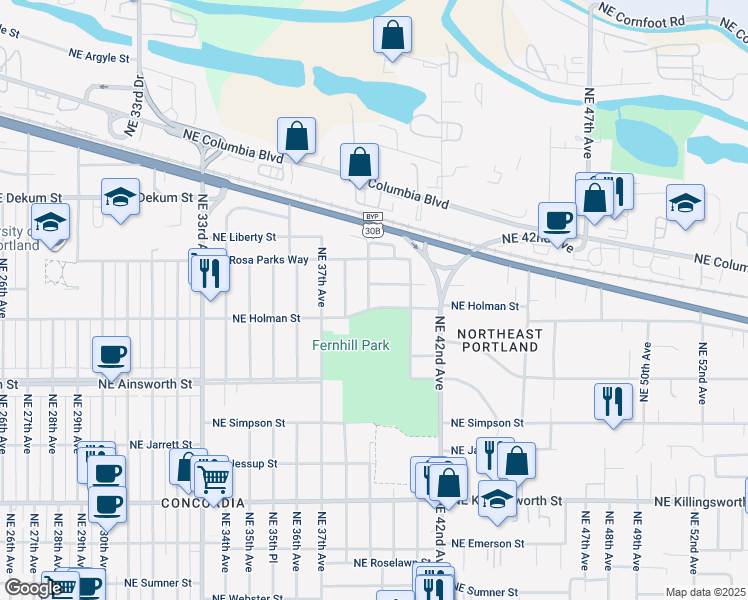 map of restaurants, bars, coffee shops, grocery stores, and more near 3905 Northeast Holman Street in Portland