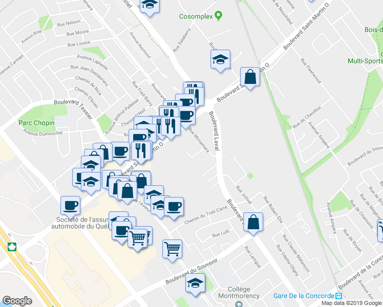 map of restaurants, bars, coffee shops, grocery stores, and more near 1668 Rue Mcnamara in Laval