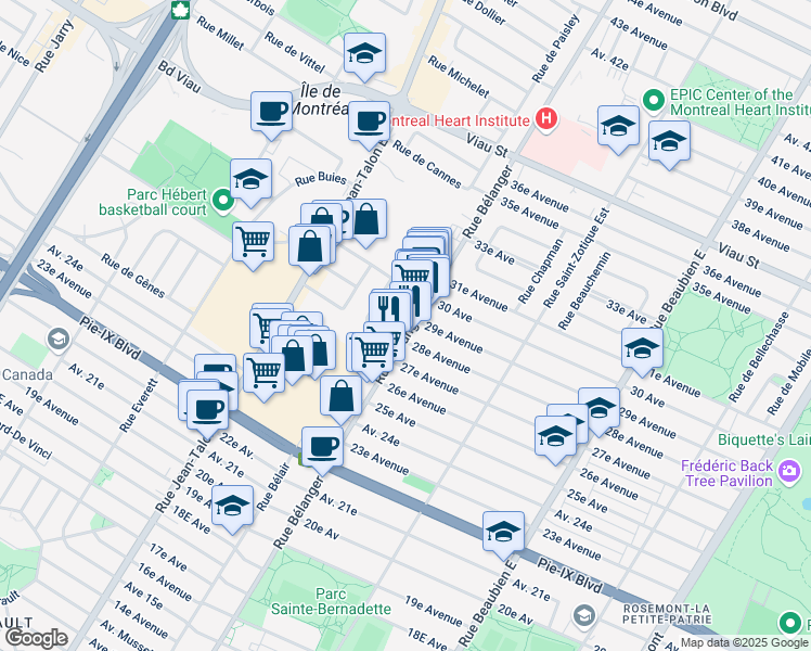 map of restaurants, bars, coffee shops, grocery stores, and more near 4465 Rue Bélanger in Montréal
