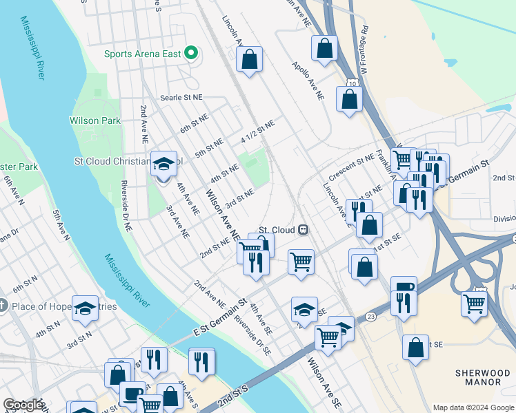 map of restaurants, bars, coffee shops, grocery stores, and more near 210 5th Avenue Northeast in St. Cloud